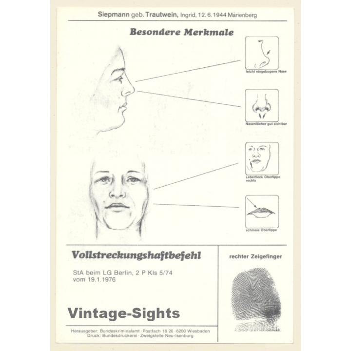 RAF Terroristin Ingrid Gertrud Elisabeth Siepmann (Vintage BKA Fahndungskarte 1979)