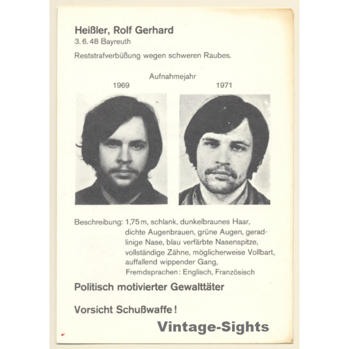 RAF Terrorist Rolf Gerhard Heißler (Vintage BKA Fahndungskarte 197?)