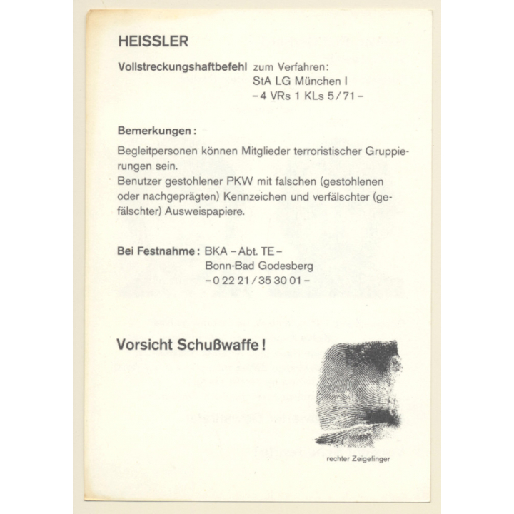 RAF Terrorist Rolf Gerhard Heißler (Vintage BKA Fahndungskarte 197?)