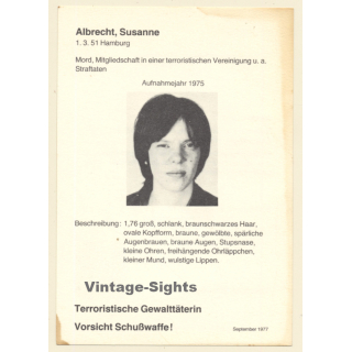 RAF Terroristin Susanne Albrecht (Vintage BKA Fahndungskarte 1977)