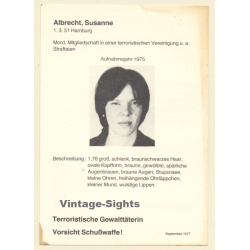 RAF Terroristin Susanne Albrecht (Vintage BKA Fahndungskarte 1977)