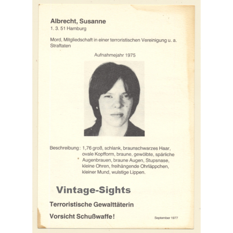 RAF Terroristin Susanne Albrecht (Vintage BKA Fahndungskarte 1977)