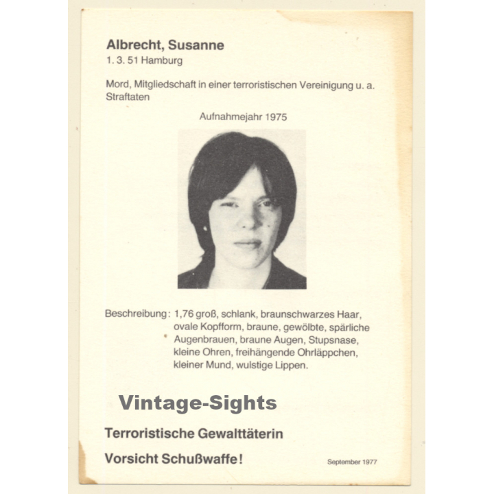 RAF Terroristin Susanne Albrecht (Vintage BKA Fahndungskarte 1977)
