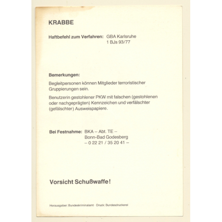 RAF Terroristin Friederike Krabbe (Vintage BKA Fahndungskarte 1977)