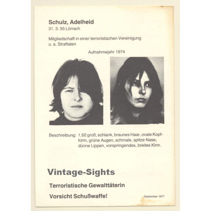 RAF Terroristin Adelheid Schulz (Vintage BKA Fahndungskarte 1977)