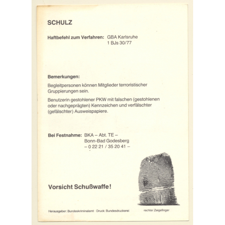 RAF Terroristin Adelheid Schulz (Vintage BKA Fahndungskarte 1977)