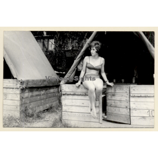 Pretty Brunette Pin-Up Girl In Bikini*2 / Beehive (Vintage Photo Czechia ~1960s)