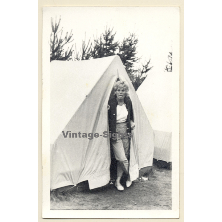 Cheeky Blonde Girl Looks Out Tent & Sticks Out Tongue (Vintage Photo Czechia ~1960s)