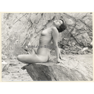 Erotic Study by Hubert Toyot: Natural Brunette Nude On Rocks*1 (Vintage Photo 1950s/1960s)