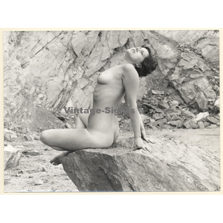 Erotic Study by Hubert Toyot: Natural Brunette Nude On Rocks*1 (Vintage Photo 1950s/1960s)