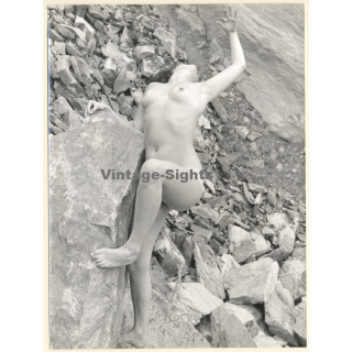 Erotic Study by Hubert Toyot: Natural Brunette Nude On Rocks*3 (Vintage Photo 1950s/1960s)