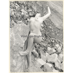 Erotic Study by Hubert Toyot: Natural Brunette Nude On Rocks*3 (Vintage Photo 1950s/1960s)