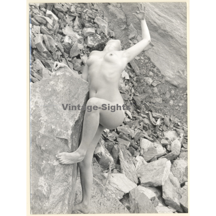 Erotic Study by Hubert Toyot: Natural Brunette Nude On Rocks*3 (Vintage Photo 1950s/1960s)