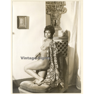 Erotic Study by Hubert Toyot: Dark-Skinned Nude In Open Dress On Lounge Chair (Vintage Photo 1950s/1960s)