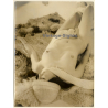 Erotic Study by Hubert Toyot: Darkhaired Nude On Faux Fur Blanket / Scarf - Boobs (Vintage Photo 1957)