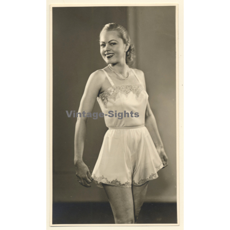 Blonde Underwear Model In Satin Nightgown / Lingerie (Vintage Fashion Photo ~ 1940s/1950s)