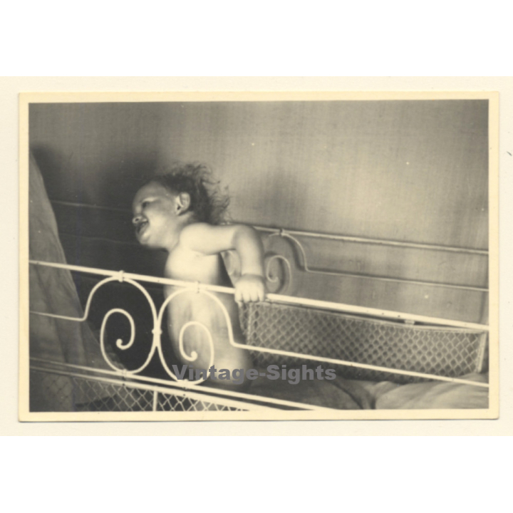 Funny Snapshot Of Wild Baby In Crib (Vintage Photo Germany ~1930s/1940s)