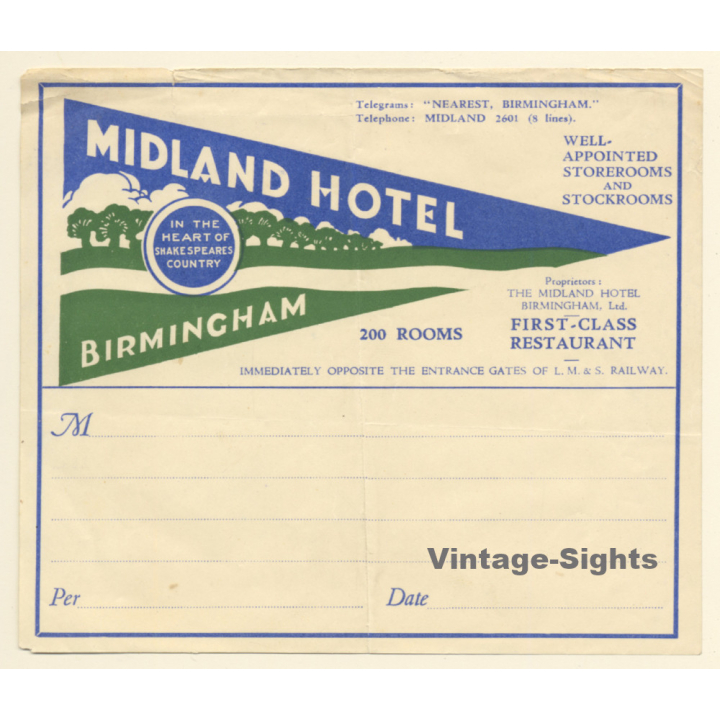 Birmingham / UK: Midland Hotel (Vintage Luggage Label ~1930s/1940s)