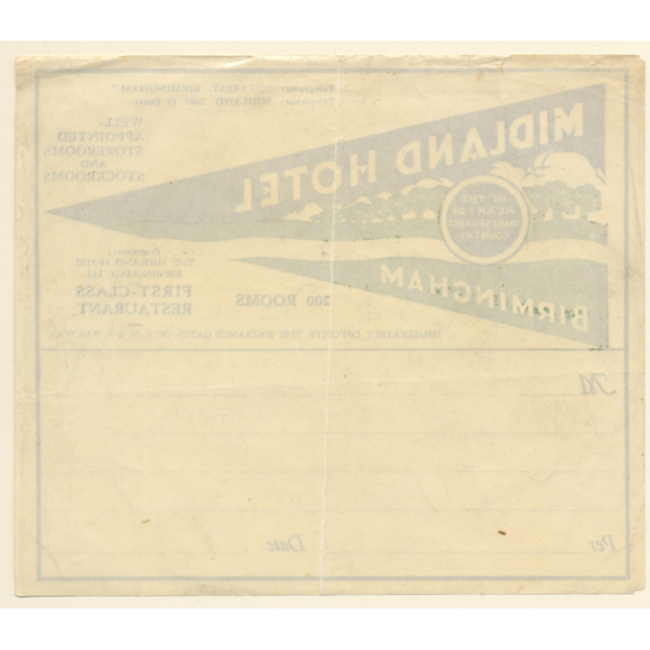 Birmingham / UK: Midland Hotel (Vintage Luggage Label ~1930s/1940s)