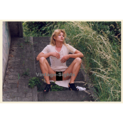 Erotic Study: Slim Sporty Blonde Nude Outdoors*3 / Flashing (Vintage Photo ~1990s)