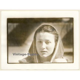 Portrait Of A Young Woman's Face In Bathrobe Hoodie (French Master Photo 1980s)