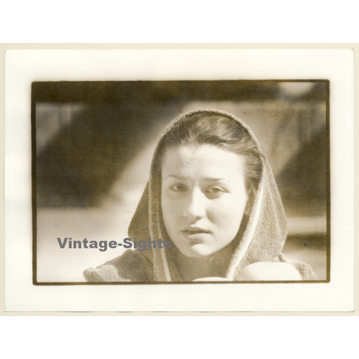 Portrait Of A Young Woman's Face In Bathrobe Hoodie (French Master Photo 1980s)