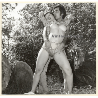 Erotic Study: Man Passionately Embraces Semi Nude Woman Outdoors (Vintage Photo KORENJAK 1960s/1970s)