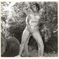 Erotic Study: Man Passionately Embraces Semi Nude Woman Outdoors (Vintage Photo KORENJAK 1960s/1970s)