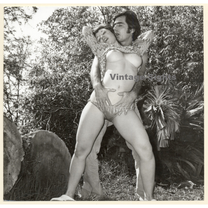 Erotic Study: Man Passionately Embraces Semi Nude Woman Outdoors (Vintage Photo KORENJAK 1960s/1970s)