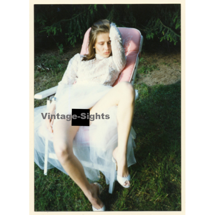 Erotic Study: Brunette Semi Nude On Garden Lounger / White Dress (Vintage Photo ~1990s)