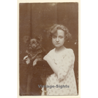 Great Take Of A Pretty Girl & Her Pomeranian Dog (Vintage RPPC  1910s/1920s)
