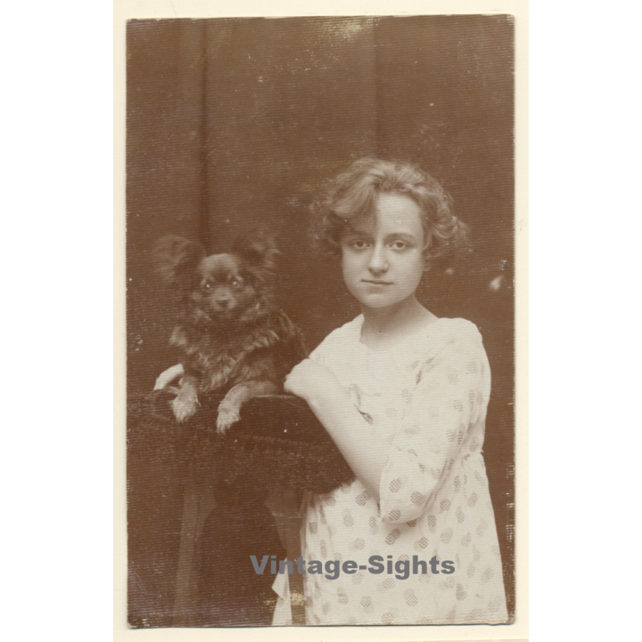 Great Take Of A Pretty Girl & Her Pomeranian Dog (Vintage RPPC  1910s/1920s)