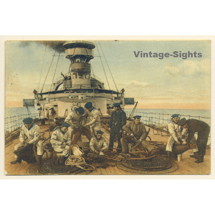 German Sailors Work On Deck / Warship (Vintage Artist PC 1914)