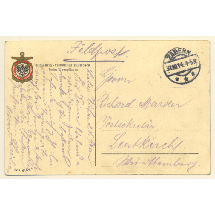 German Sailors Work On Deck / Warship (Vintage Artist PC 1914)