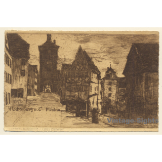 Rothenburg o.d. Tauber: Old Town / Etching by Anna Siebert (Vintage PC  ~1910s/1920s)