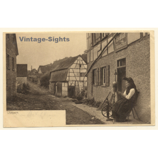 Vorbach (Rothenburg o.d. Tauber): Wirtschaft Johann Dürr - Spinnerin - Tracht (Vintage PC ~1900s/1910s)