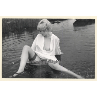 Semi Nude Female Sitting In Lake / Nip Slip (Vintage Photo France ~1970s/1980s)