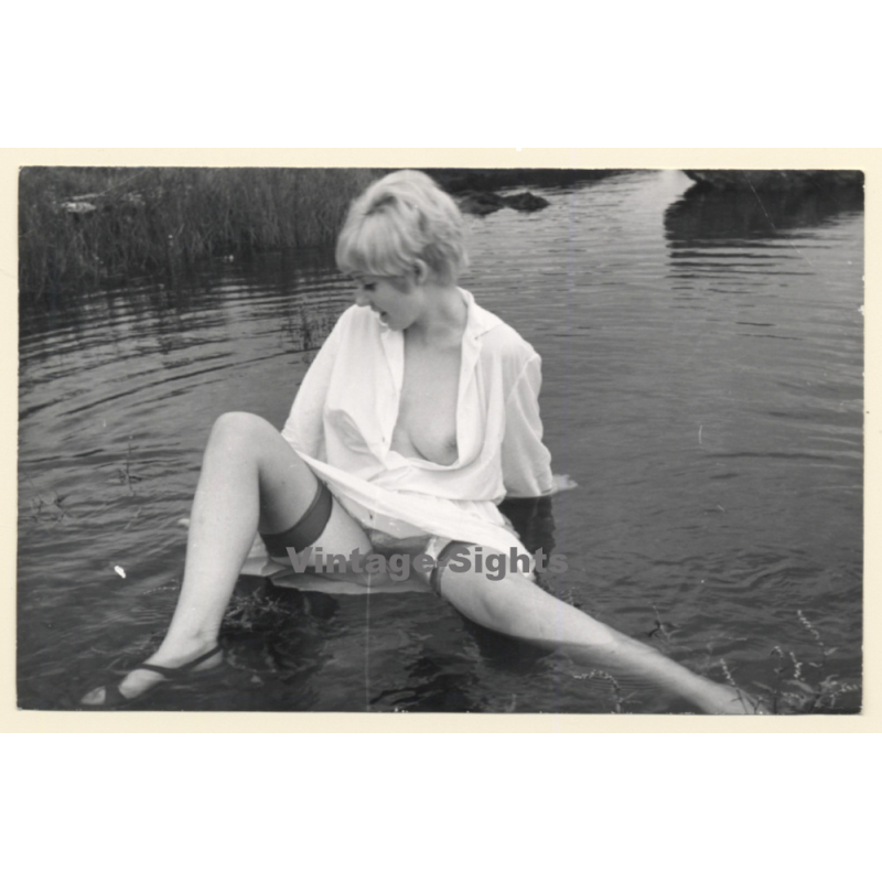 Semi Nude Female Sitting In Lake / Nip Slip (Vintage Photo France ~1970s/1980s)