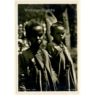 Gondar / Ethiopia: 2 Indigenous Kids In Traditional Garb / Ethnic (Vintage RPPC ~1920s/1930s)