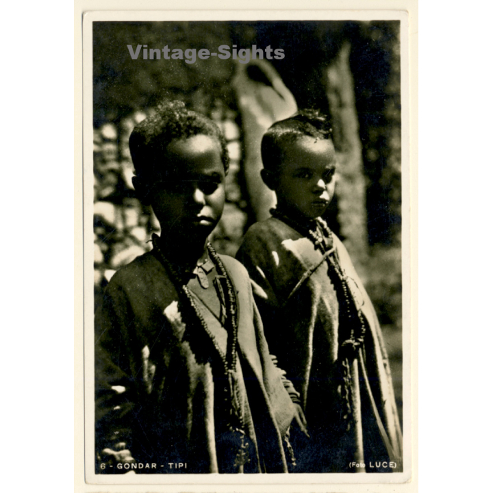 Gondar / Ethiopia: 2 Indigenous Kids In Traditional Garb / Ethnic (Vintage RPPC ~1920s/1930s)