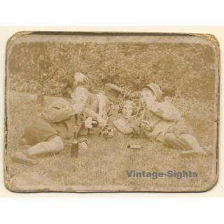 Snapshot Of 3 Men Drinking Wine With A Bust (Vintage Albumen Print ~1900s/1910s)