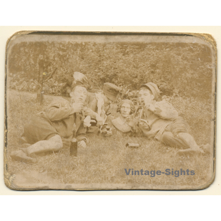 Snapshot Of 3 Men Drinking Wine With A Bust (Vintage Albumen Print ~1900s/1910s)