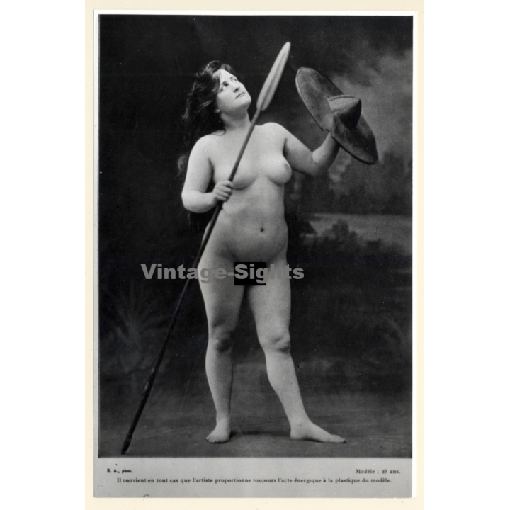 1920s Erotica: Classic Nude With Spear & Shield / Boudoir (Large Photo Reprint ~ 22x15CM)