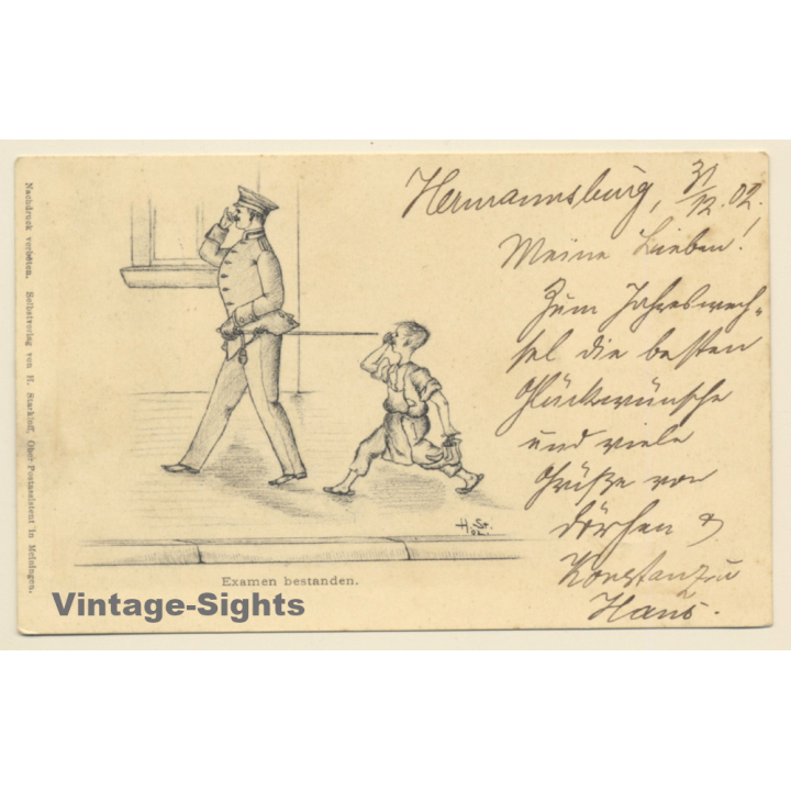 Soldaten Humor: Examen Bestanden / Karikatur (Vintage Artist PC 1902)