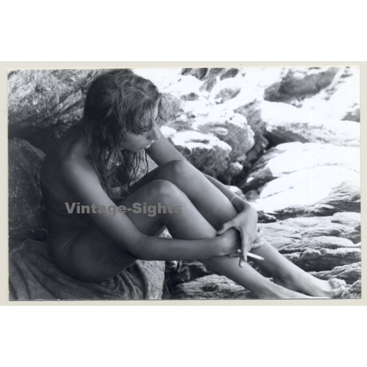 Natural Nude Female Smokes A Cigarette On Rocks (Vintage Photo France ~1980s)