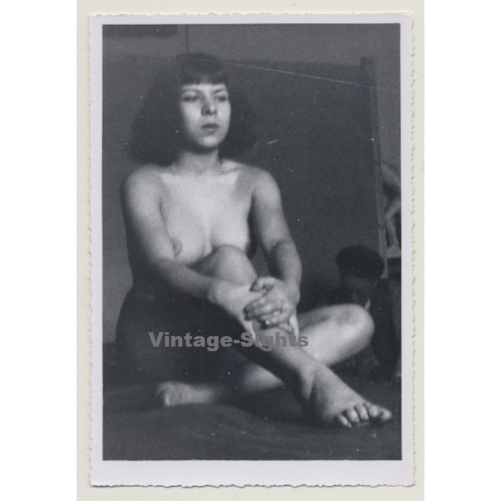 Natural Darkhaired Nude Sitting Upright (Vintage Photo ~1940s/1950s)