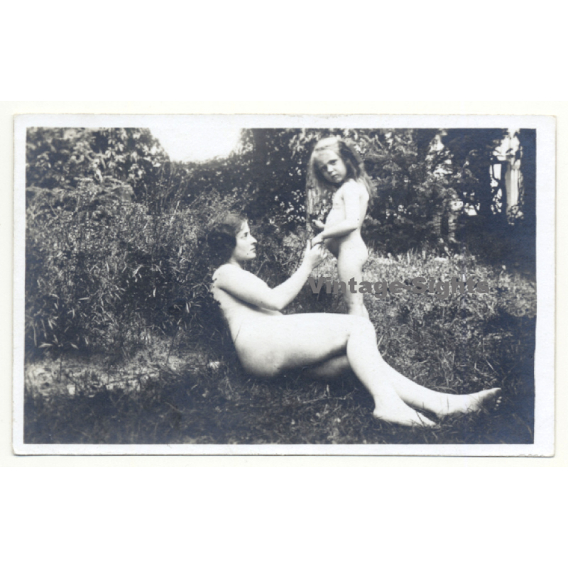 Beautiful Take Of Natural Nude Woman & Her Daughter In Garden (Vintage RPPC ~1910s/1920s)