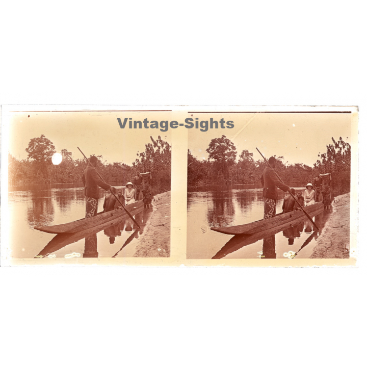 N'Djili - Kimpoko - Léopodville / Congo: Colonial Woman & Tribe Members On Dugout (Vintage Stereo Glass Plate 1934)