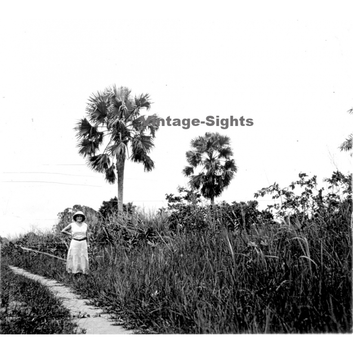 N'Djili - Kimpoko - Léopodville / Congo: Colonial Woman Posing In Front Of Palm Trees (Vintage Stereo Glass Plate 1934)
