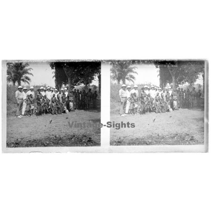 N'Djili - Kimpoko - Léopodville / Congo: Colonial Masters With Native Tribe / Ethnic (Vintage Stereo Glass Plate 1934)